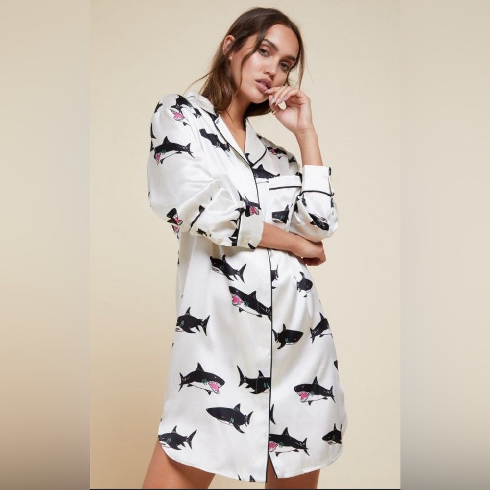 Olivia Von Halle Silk Satin Shark Print Night Shirt